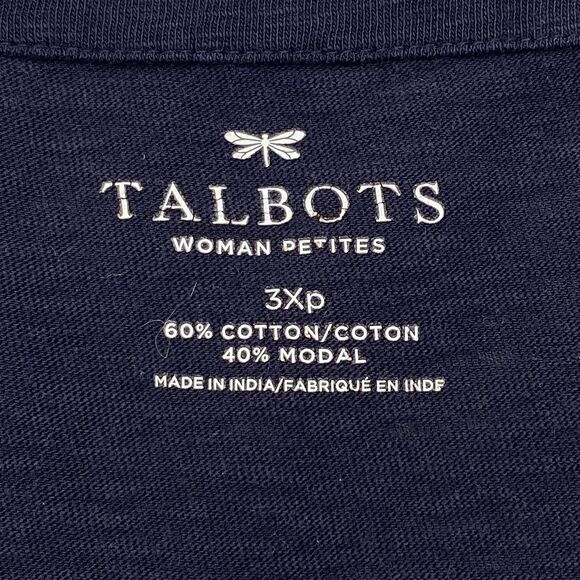 Talbots Navy Blue Top Split Neck Embroidered Cotton Blend Blouse 3X Petite - Picture 4 of 7